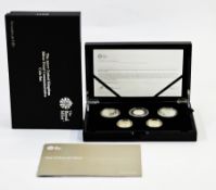 2017 United Kingdom silver proof commemorative coin set, containing 5 coins, 2 x £5, 2 x £2 and 50