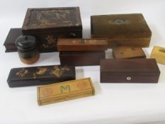 Rosewood glove box, Oriental lacquered box, gilt metal mounted velvet box and other decorative boxes