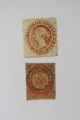 Canada Newfoundland Stamps: QV 1862 used 1s rose-lake and mint 1865 2c definitives, SG 23 and 28,