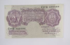 George VI, October 1940, Britannia 10 Shillings, Mauve , Pre Fix Z07D 509489, K.O. Peppiatt, VG-F