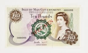 Isle of Man Government Ten Pounds (pick 31bs) Queen Elizabeth II specimen, serial number 000000,