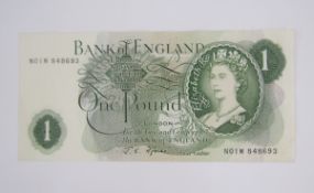 Elizabeth II, February 1967, Replacement £1 note, Pre fix, N01M 848693, J.S. Fforde, small G on