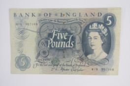 Elizabeth II, January 1967, Replacement £5 note, Pre fix, M18 957168, J.S.Fforde, VG-F small