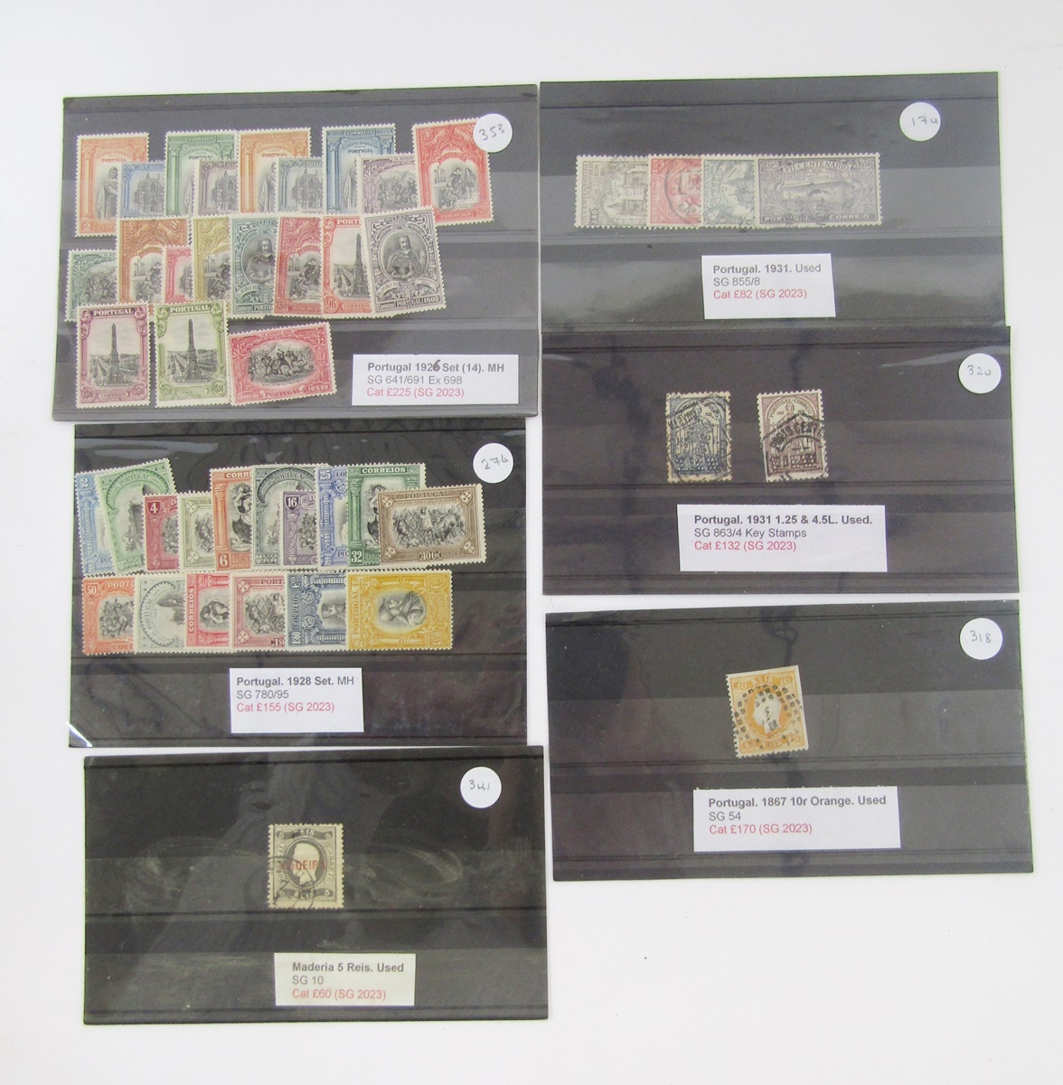 Stamps of Portugal: Various higher catalogue value issues on 9 stock cards from 1867 10r orange