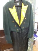 Evening tail coat, with hunt (?) buttons 'SB', green wool with yellow satin lapels and quilted
