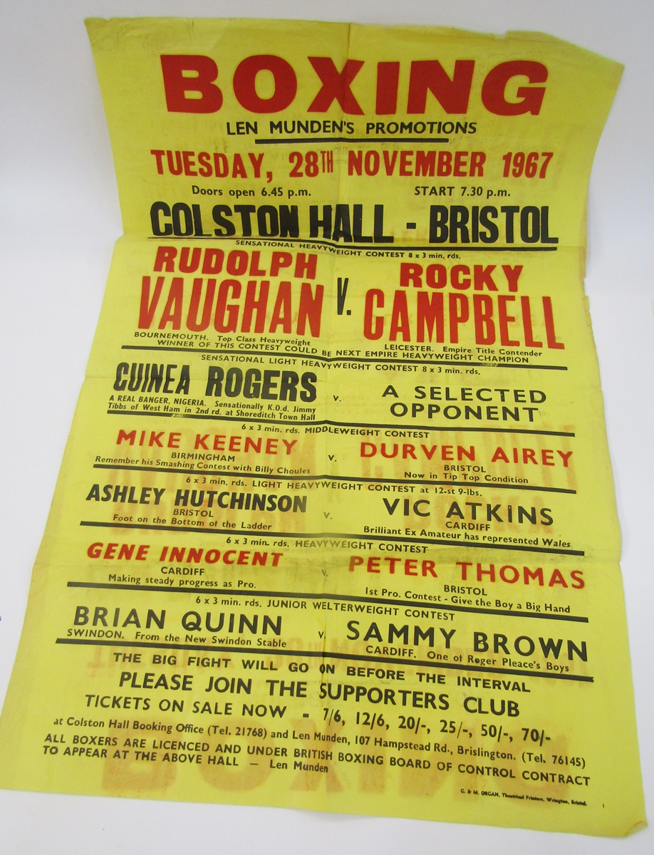 1967 boxing poster, Rudolph Vaughan versus Rocky Campbell, Colston Hall, Bristol and 1962 Stan