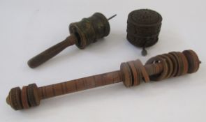 Pierced metal prayer wheel, possibly Tibetan, another brass-coloured with wooden handle and a wooden