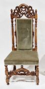 Victorian Carolean-style hall chair with domed pierced scrolling top rail, green upholstered