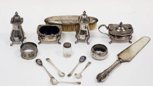 George V silver four-piece condiment set comprising salt and pepper pots, lidded mustard and open