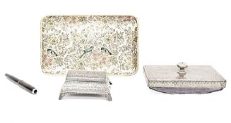 Persian niello work white metal standish, the hinged lid opening to two inkwells, with integral