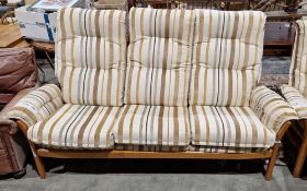 Ercol Saville light elm framed matching three-seater sofa, model no.9303, with striped brown, yellow