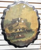 19th century black lacquered papiermache panel with stepped shaped rim, the centre with hand-painted