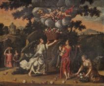 18th century continental school Oil on canvas Allegorical scene with female figures gathering