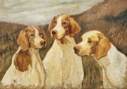 After John Emms (1843-1912) Oil on board Three hounds in landscape, monogrammed in brown JM, lower