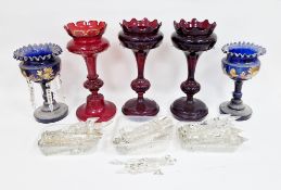 Collection of Victorian and Edwardian ruby and blue glass lustres, including: a pair of lustres on