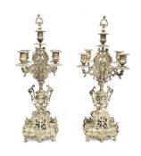 Pair of gilt brass candelabra in the Baroque-style, each with five candle sconces, the central