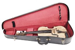 Scratch or hand-made wooden violin with one-piece back, contained in a case with a hand written note