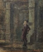 S. Rous...?? (early 20th century) Oil on board Woman with clutch bag standing on pavement outside