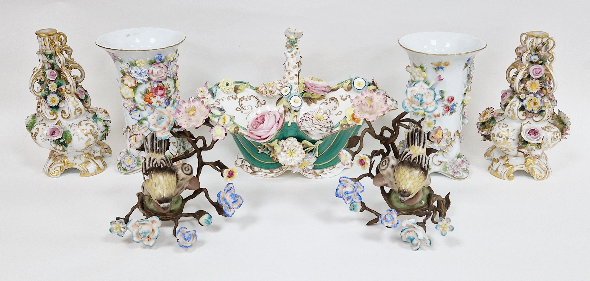 Group of 19th century English and Continental flower-encrusted porcelain, including: a