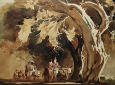 G.D. Paulraj (India, 1914-1989) Watercolour Bullock carts and gariwals traveling through woodland,