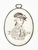 George III  Liverpool enamel oval plaque, circa 1775, with a brown printed portrait of Admiral