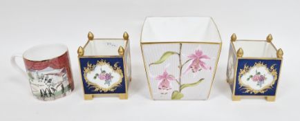 Two Halcyon Days porcelain Sevres-style blue ground orange tubs, examples of Waddesdon Manor, each