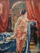 After Sir William Russell Flint (1880-1969) Colour lithograph Seated female nude draped in pink