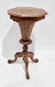 Victorian walnut worktable of trumpet form, the octagonal hinged lid opening to a fitted interior,
