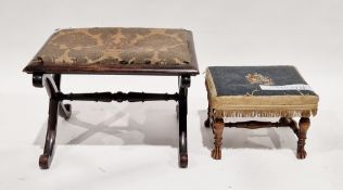 19th century rosewood X-frame stool with upholstered drop in seat, 59cm long x 44cm high and another