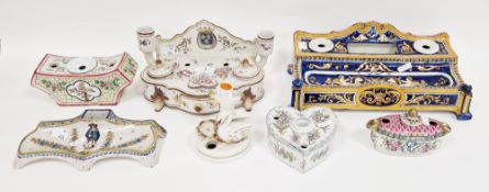 Group of French faience inkwells, late 19th/early 20th century, including: a Gien blue-ground