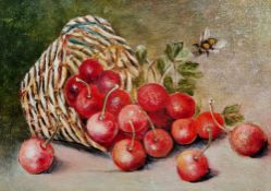 Unattributed Oil on board Still life, cherries and a basket, 13cm x 19cm