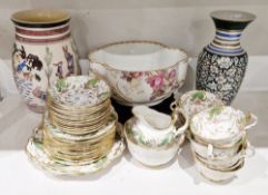 19th century English porcelain Rockingham-style part tea service with green, gilt and pink flower