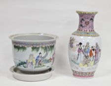 Chinese famille rose jardiniere and stand and an oviform vase, each painted with figures, the