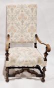 High-back ash framed elbow chair in the Carolean manner, with tapestry upholstered back and