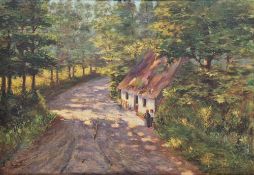 Raymond Pallier (XIX-XX)  Oil on canvas Two figures in conversation on a country path, signed