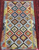 Hand knotted woollen multi-coloured geometric pattern Chobi kilim, 150cm x 100cm