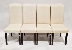 Set of four Oka Furniture dining chairs with calico upholstered padded seats and backs, raised