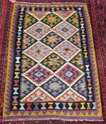 Hand knotted woollen multi-coloured geometric patterned Maimana kilim, 145cm x 104cm