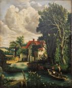 J Aylott  Oil on canvas Naive study, rustic ferry scene with two figures in foreground, signed lower