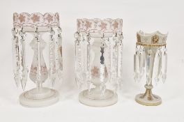 Two Edwardian frosted glass lustres with clear drops, enamelled with flowers and an opaque glass