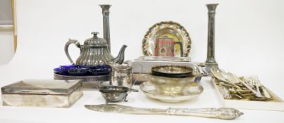 Pair of silver plated candlesticks raised on square pedestal bases, 26cm high, a Victorian silver