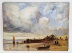 19th century school Oil on card Coastal scene with figures, moored boats and building, unsigned,
