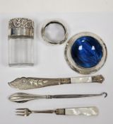 Collection of silver items including a silver trinket dish, the bowl inset with faux butterfly