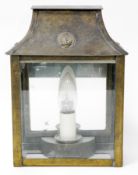 Jim Lawrence brass wall hanging porch lantern with glass panels and mirrored back, 27cm high