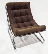 1960's Peter Hoyte sling lounge chair with brown buttoned upholstered cushion seat and tubular