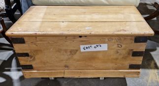 19th century iron bound pine blanket box with iron carrying handles, 82cm long x 38cm high