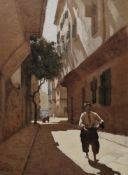 E. V. South (19th/20th century) Watercolour Middle Eastern street scene with figure, signed and