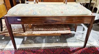 Rosewood framed duet/long stool with drop-in needlework floral patterned upholstered seat and raised