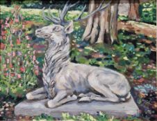 Maggie Thompson (20th century) Oil on canvas Four studies of stone garden statues to include a stag,