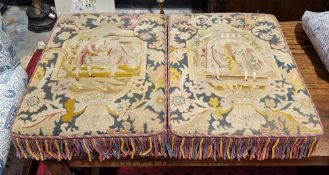 Pair of rectangular kneeling cushions, both upholstered with needlework tapestry panels depicting